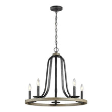 Load image into Gallery viewer, Rustic 5 Light Dimmable Farm Home Circle Metal Chandelier Oak Finish