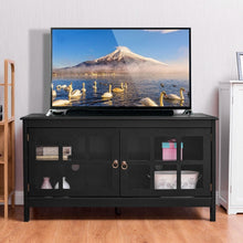 Load image into Gallery viewer, Black Wood Entertainment Center TV Stand with Glass Panel Doors
