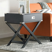Load image into Gallery viewer, Dark Grey Black 1-Drawer End Table Nightstand with Modern Classic X Style Legs