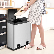 Load image into Gallery viewer, Large 16-Gallon Dual Compartment Kitchen Trash Can with Foot Pedal Open