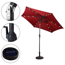 Load image into Gallery viewer, Burgundy 9-Ft Patio Umbrella with Steel Pole Crank Tilt and Solar LED Lights