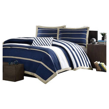 Load image into Gallery viewer, Full / Queen size Comforter Set in Navy Blue White Khaki Stripe