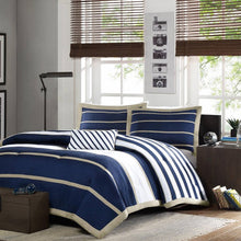 Load image into Gallery viewer, Full / Queen size Comforter Set in Navy Blue White Khaki Stripe
