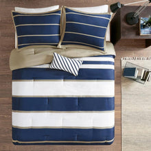 Load image into Gallery viewer, Full / Queen size Comforter Set in Navy Blue White Khaki Stripe