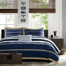 Load image into Gallery viewer, Full / Queen size Comforter Set in Navy Blue White Khaki Stripe