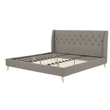 Load image into Gallery viewer, King Grey Linen Upholstered Wing-Back Platform Bed Mid-Century Style