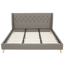 Load image into Gallery viewer, King Grey Linen Upholstered Wing-Back Platform Bed Mid-Century Style