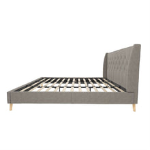 Load image into Gallery viewer, King Grey Linen Upholstered Wing-Back Platform Bed Mid-Century Style