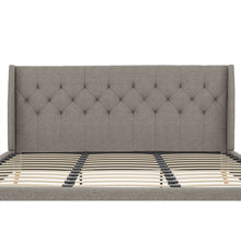 Load image into Gallery viewer, King Grey Linen Upholstered Wing-Back Platform Bed Mid-Century Style