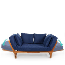 Load image into Gallery viewer, Navy Blue Outdoor Acacia Wood Convertible Sofa Futon with 4 Removable Pillows