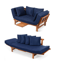 Load image into Gallery viewer, Navy Blue Outdoor Acacia Wood Convertible Sofa Futon with 4 Removable Pillows