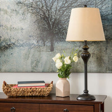 Load image into Gallery viewer, 3-Piece Floor Lamp and Table Desk Lamp Set in Black with Light Gold Drum Shades