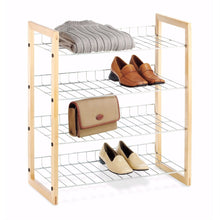 Load image into Gallery viewer, 4-Shelf Closet Shoe Rack with Natural Wood Frame and Chrome Wire Shelves