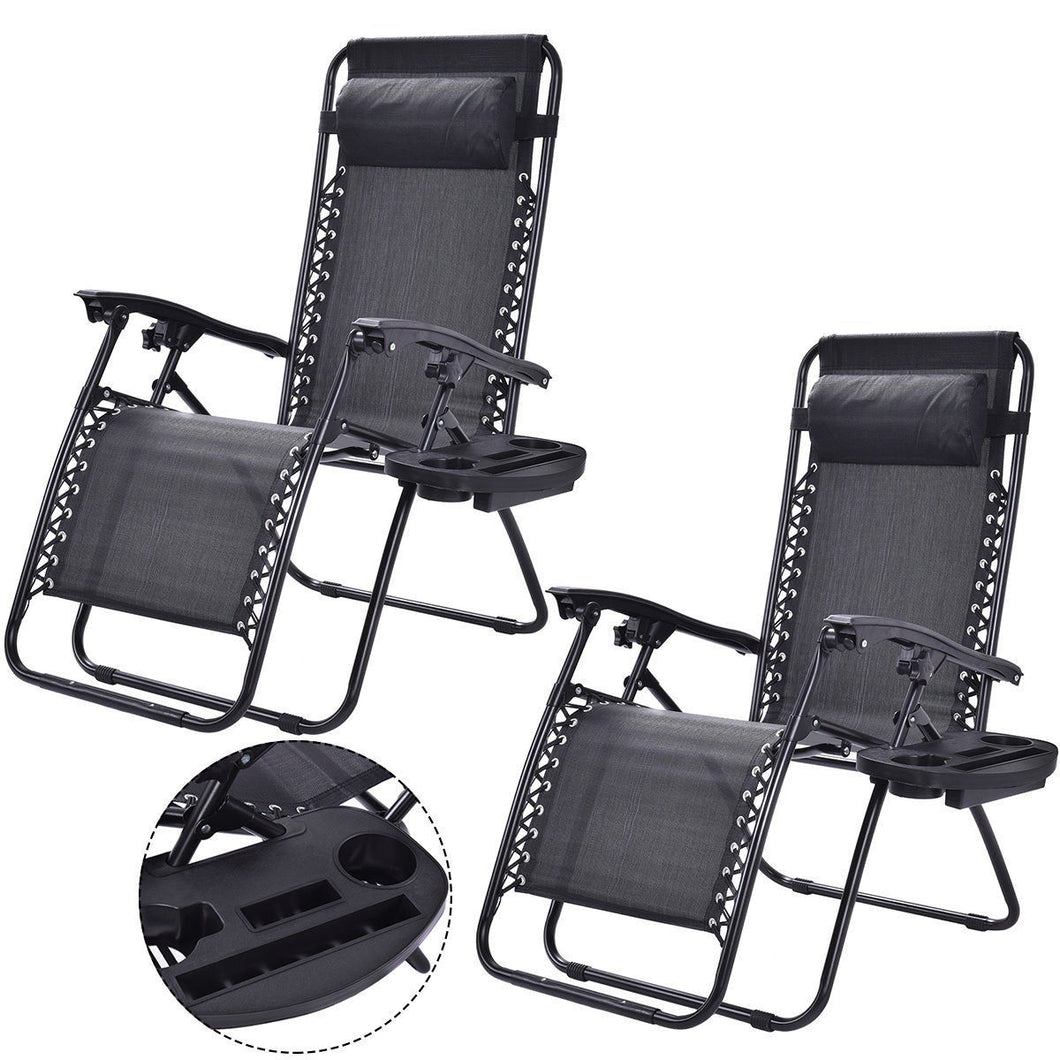 Set of 2 Black Folding Outdoor Zero Gravity Lounge Chair Recliner