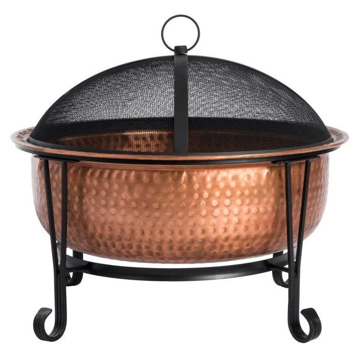 Hammered Copper Fire Pit with Wrought Iron Stand and Spark Screen