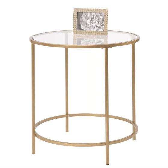 Round Glass Top End Table Nightstand with Gold Metal Frame