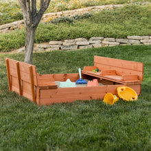 Load image into Gallery viewer, Sturdy Brown Cedar Kids Complete Seated Bench Sandbox
