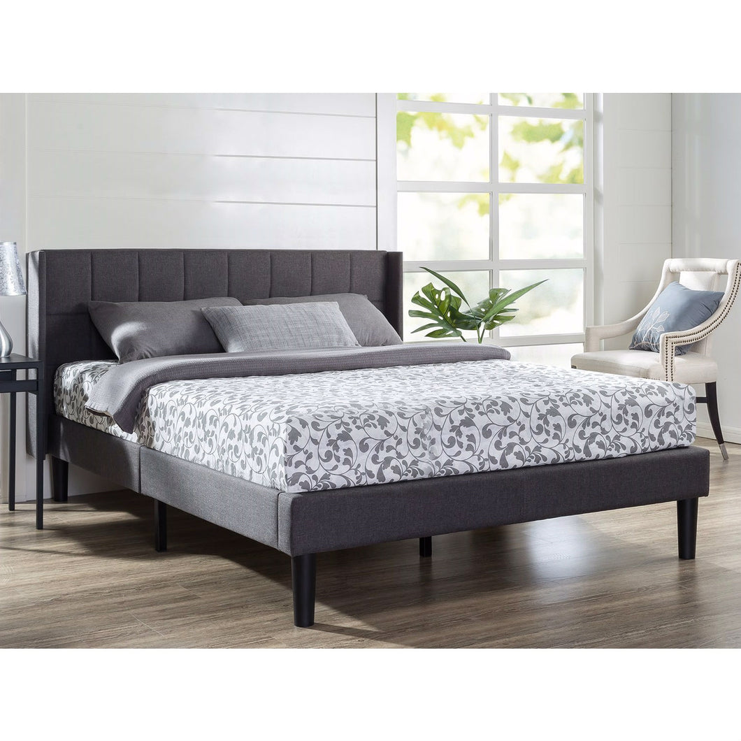King Grey Upholstered Mid-Century Modern Platform Bed with Wingback Headboard