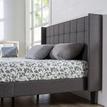 Load image into Gallery viewer, King Grey Upholstered Mid-Century Modern Platform Bed with Wingback Headboard
