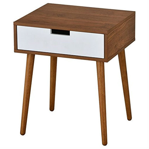 Modern Mid-Classic End Table Nightstand in Light Walnut and White