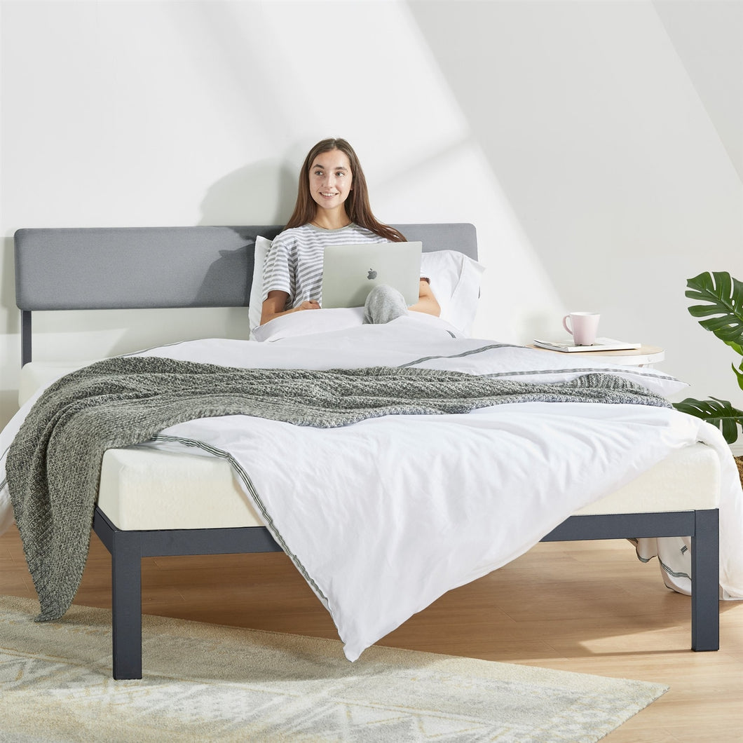 Full Size Grey Soft Fabric Metal Headboard Platform Bed Wooden Slats