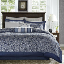 Load image into Gallery viewer, Queen size 12-piece Reversible Cotton Comforter Set in Navy Blue and White
