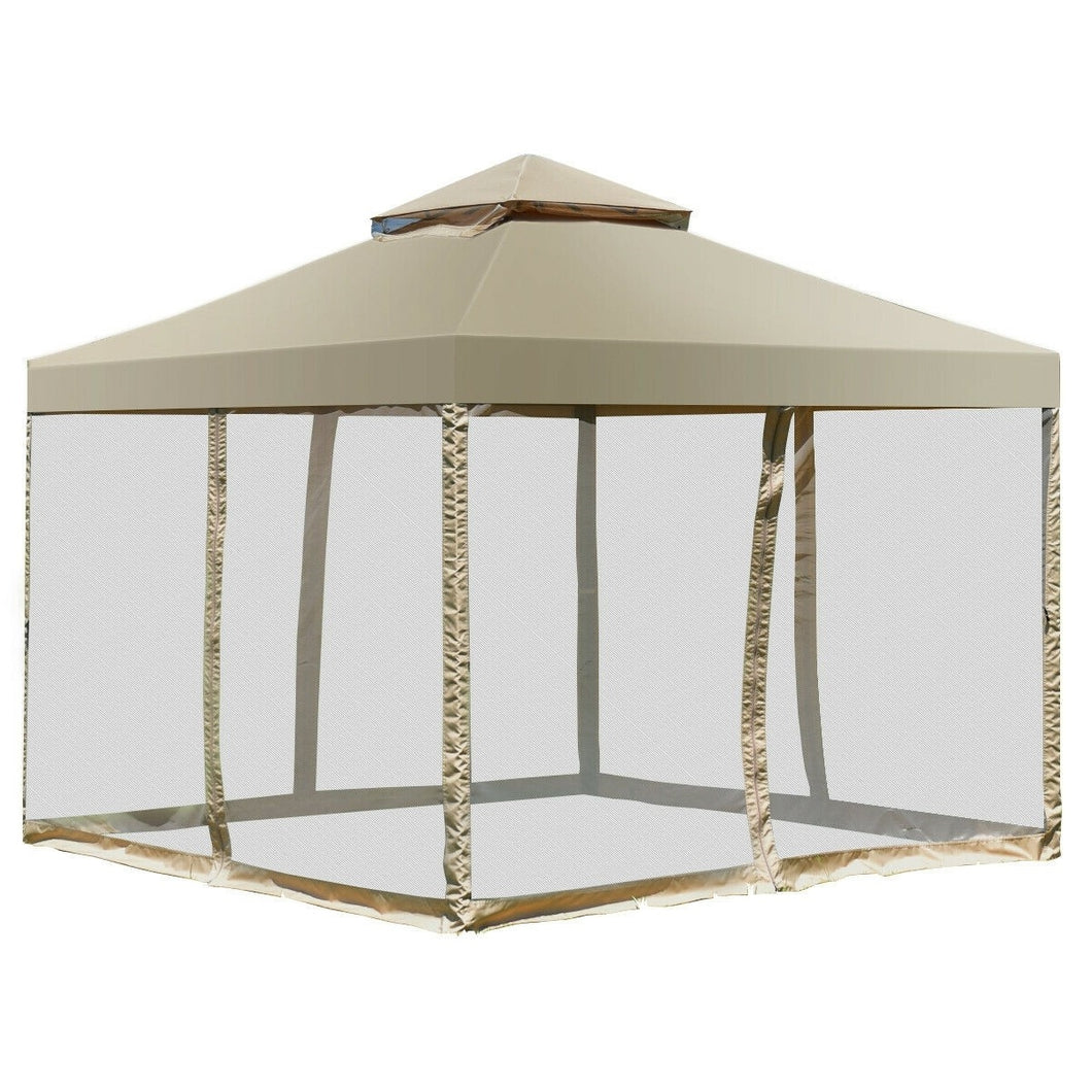 10 x 10 Ft Outdoor Gazebo with Tan Brown Polyester Canopy and Mesh Side Walls