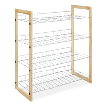 Load image into Gallery viewer, 4-Shelf Closet Shoe Rack with Natural Wood Frame and Chrome Wire Shelves
